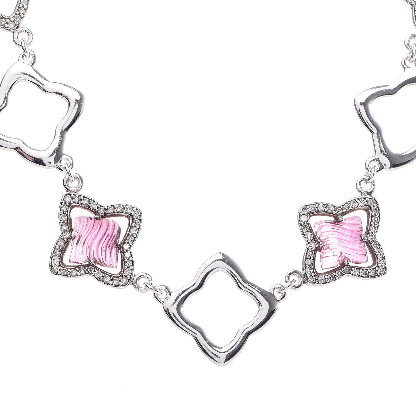 Sterling Silver Diamond Pink Tourmaline Quatrefoil Station Necklace