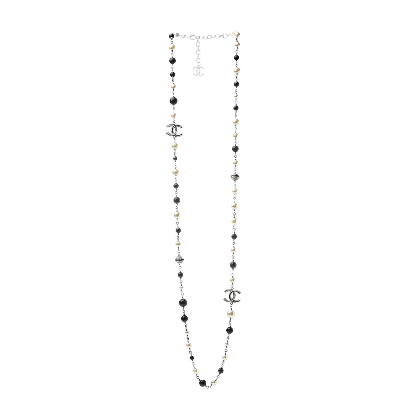 Pearl Beaded Crystal CC Long Necklace Black Silver