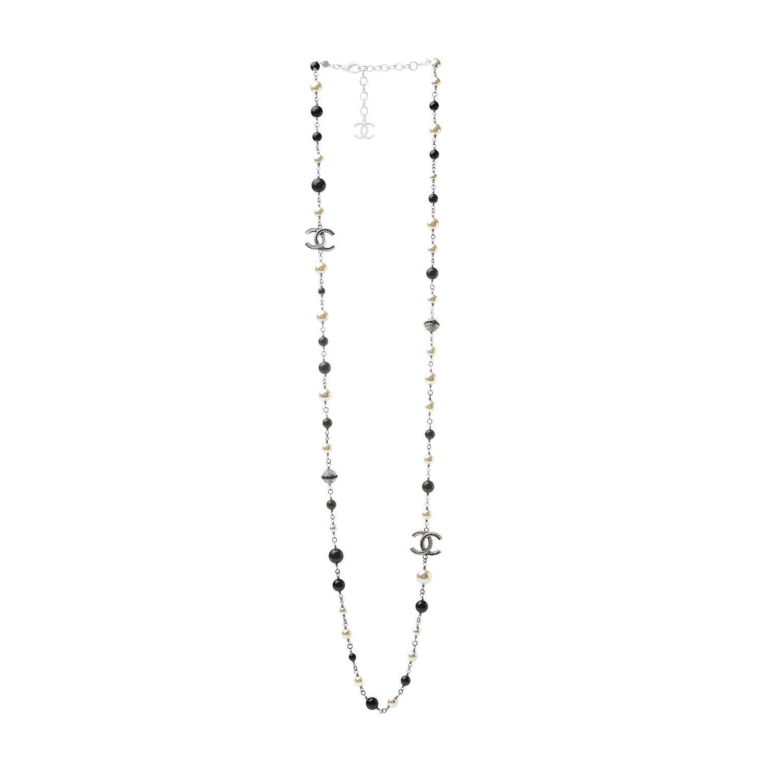 Chanel Pearl Beaded Crystal CC Long Necklace Black Silver 3 of 7