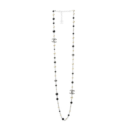 Chanel Pearl Beaded Crystal CC Long Necklace Black Silver 3 of 7