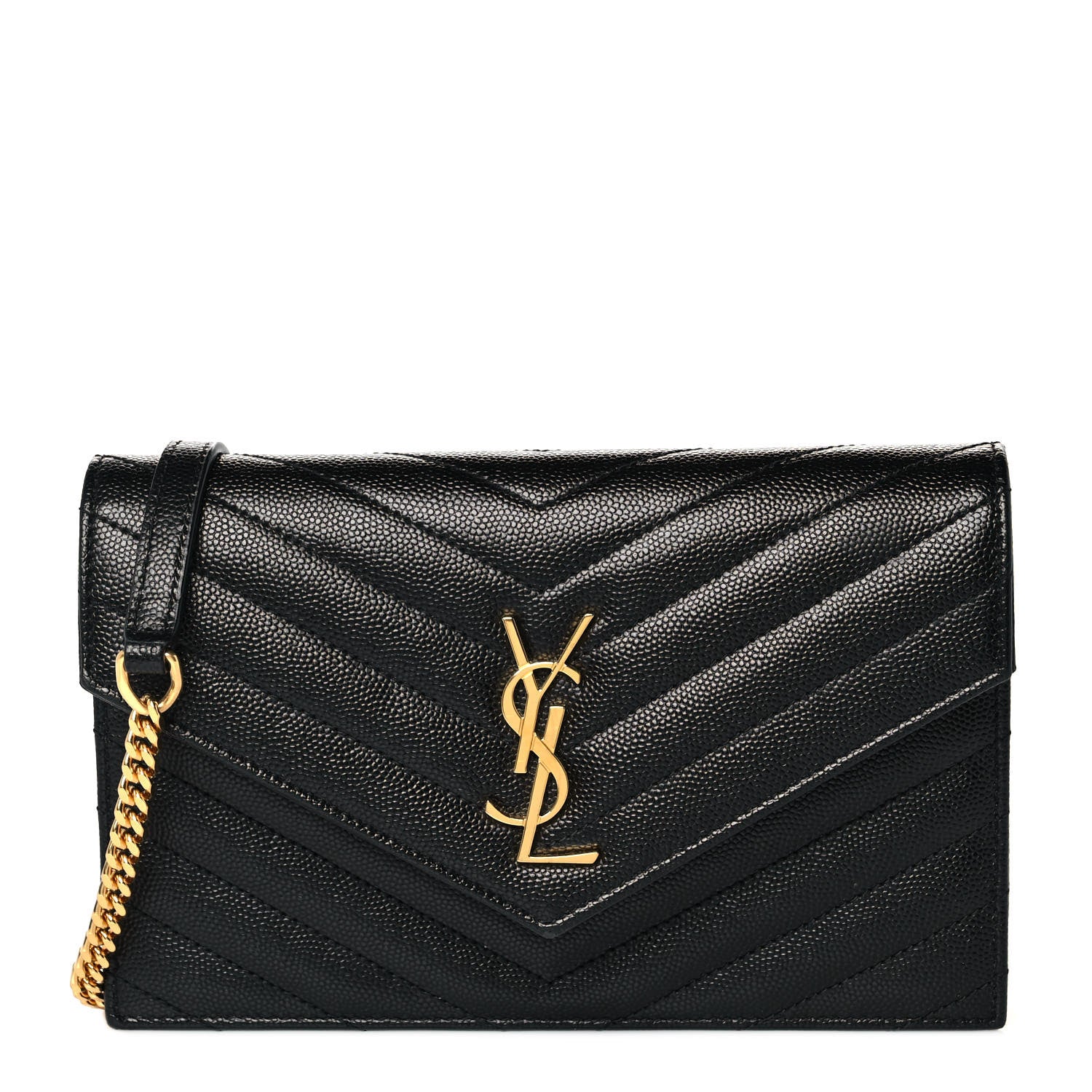Saint Laurent Grain De Poudre Matelasse Chevron Monogram Envelope Chain Wallet Black 1 of 10