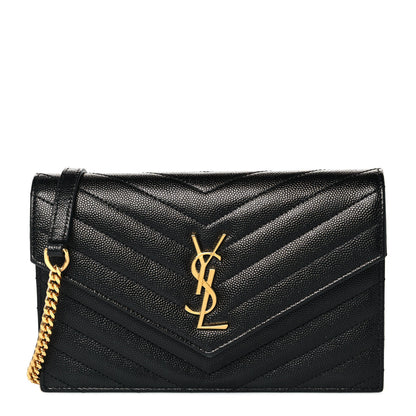 Saint Laurent Grain De Poudre Matelasse Chevron Monogram Envelope Chain Wallet Black 1 of 10