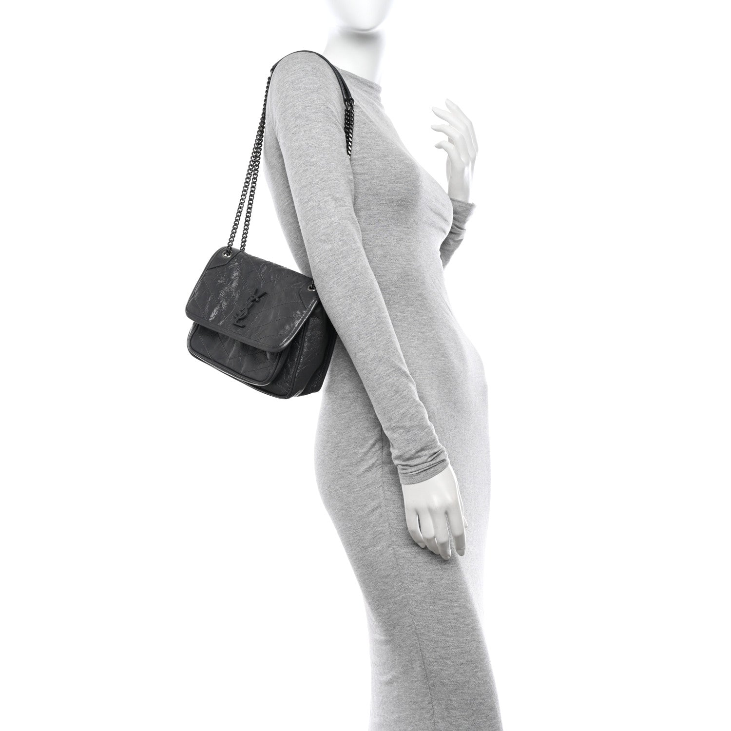Saint Laurent Crinkled Calfskin Matelasse Monogram Baby Niki Chain Satchel Storm 2 of 11
