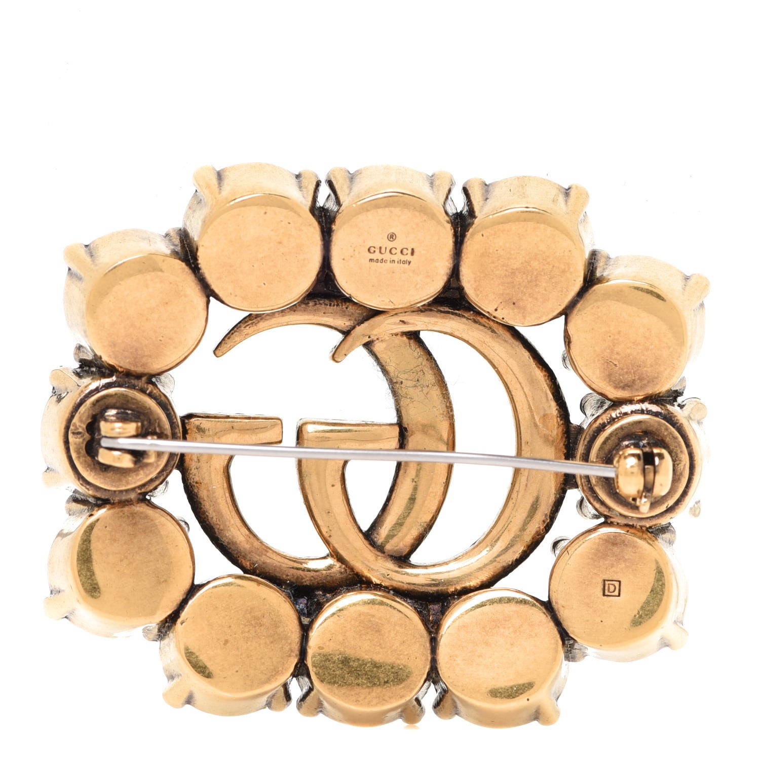 Gucci Metal Crystal Double G Brooch Aged Gold 3 of 6