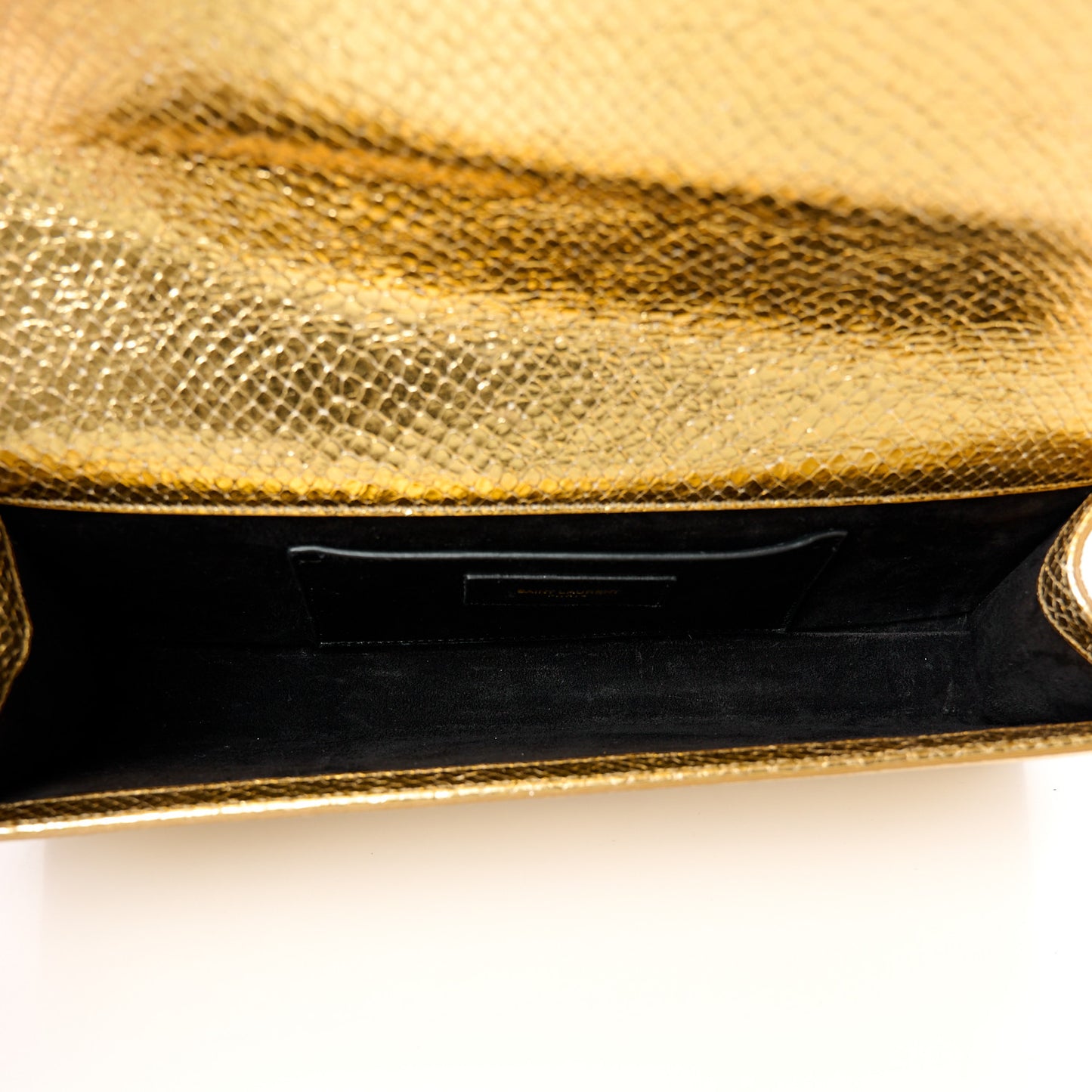 Metallic Calfskin Snakeskin Embossed Classic Monogram Tassel Clutch Gold