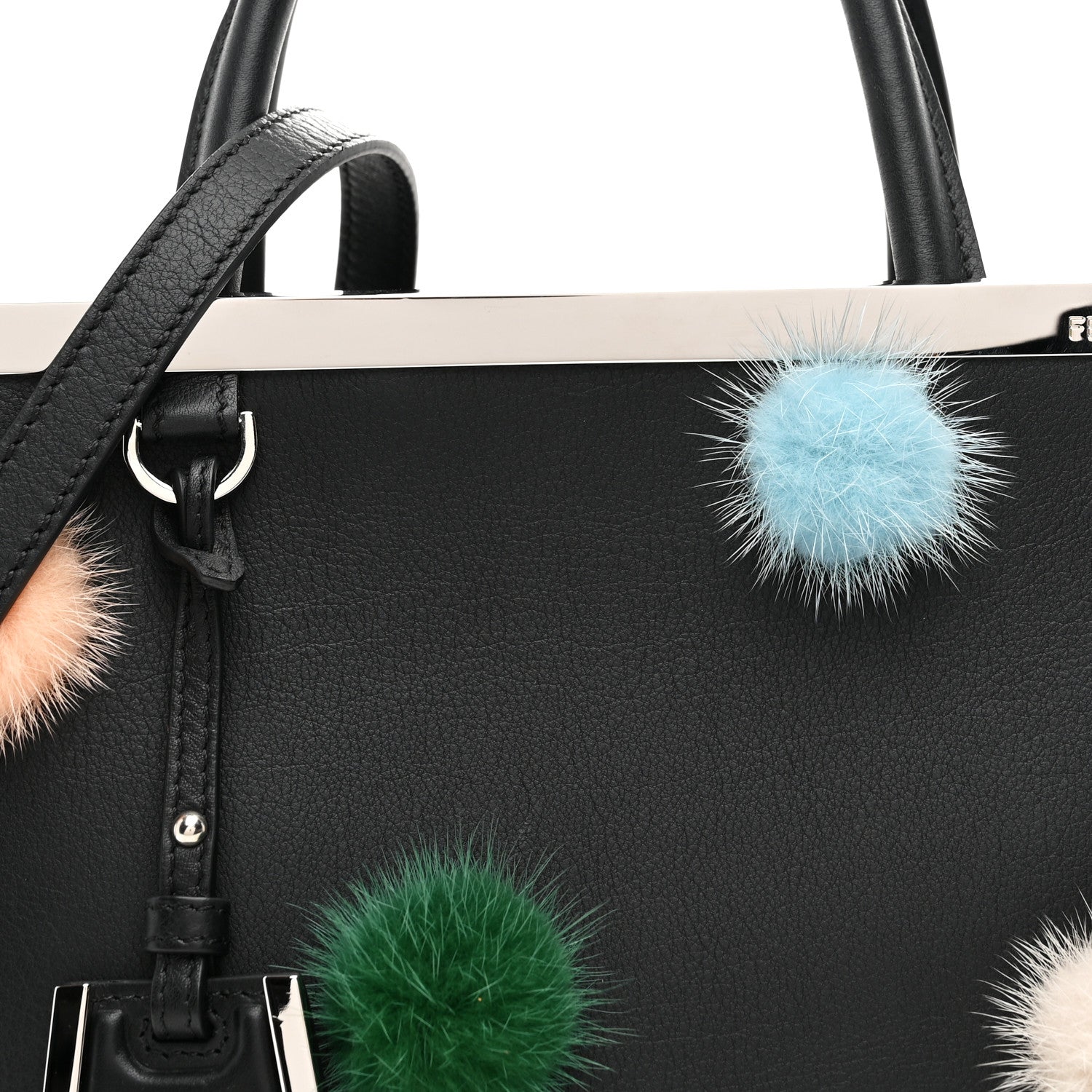 Fendi Vitello Dolce Mink Fur Pom Pom Petite 2Jours Tote Black