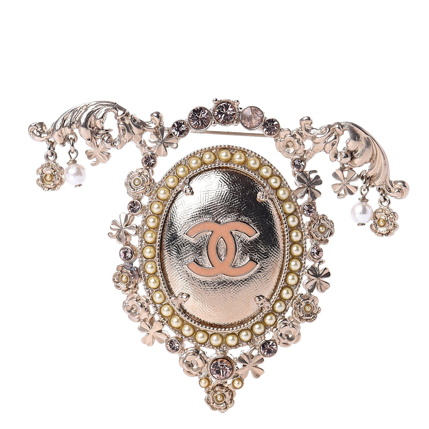 Metal Swing Pearl Crystal Charms Brooch Gold