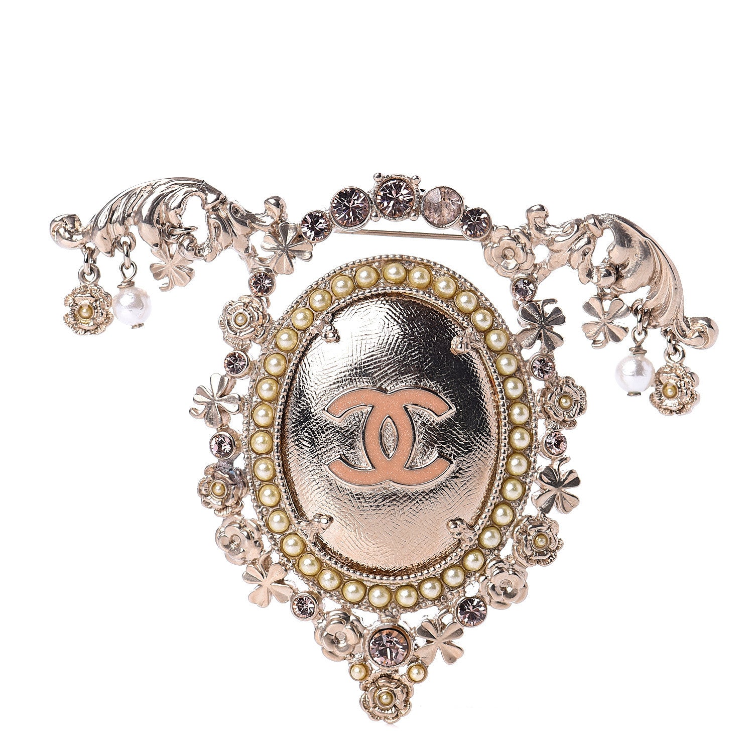 Chanel Metal Swing Pearl Crystal Charms Brooch Gold 1 of 4