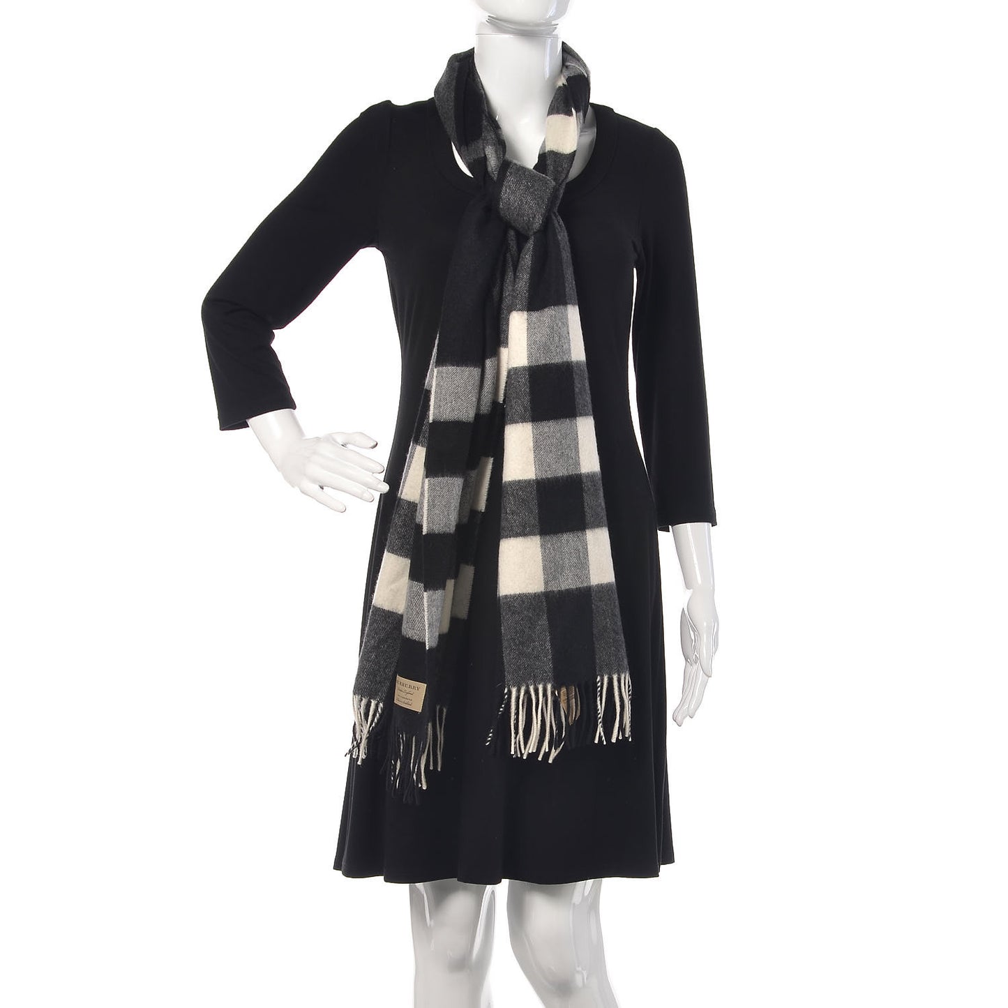 Cashmere Half Mega Check Fringe Scarf Black
