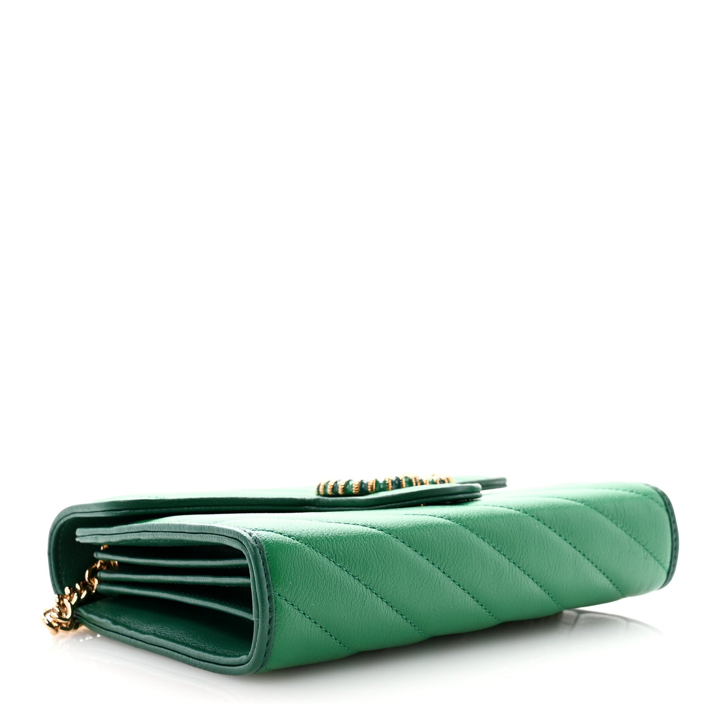 Azalea Calfskin Enamel Matelasse Diagonal Torchon GG Marmont Chain Wallet New Shamrock Emerald