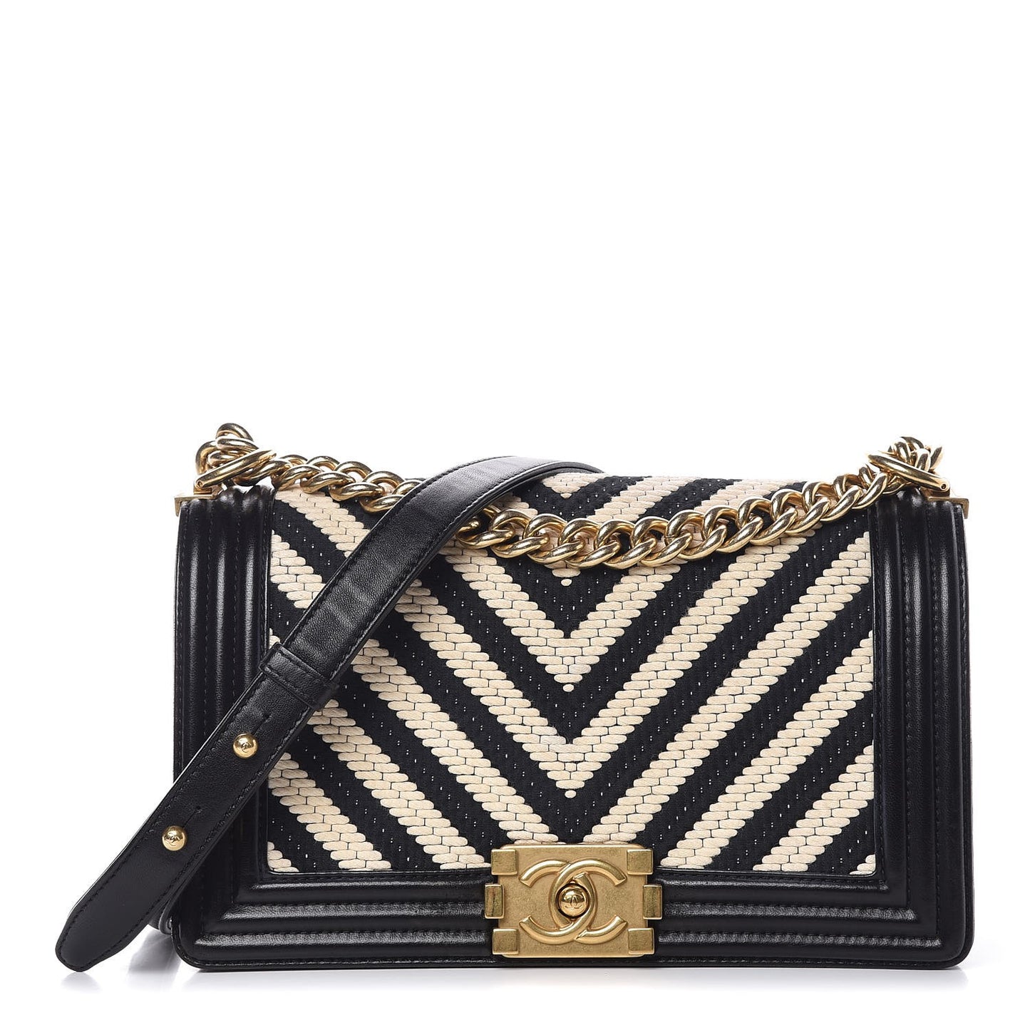 Fabric Chevron Braided Medium Boy Flap Black White