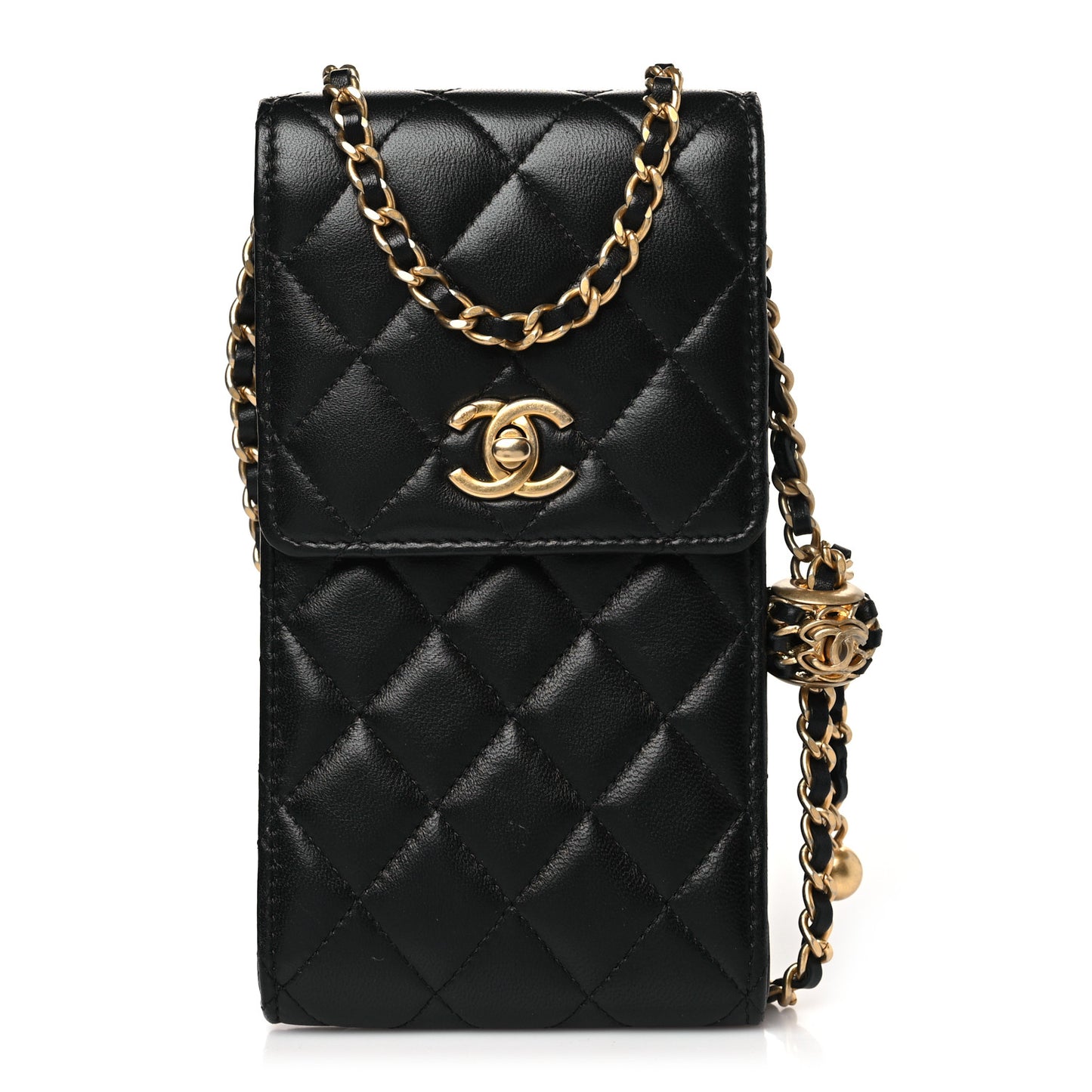 Lambskin Quilted Pearl Crush Phone Holder With Chain Black