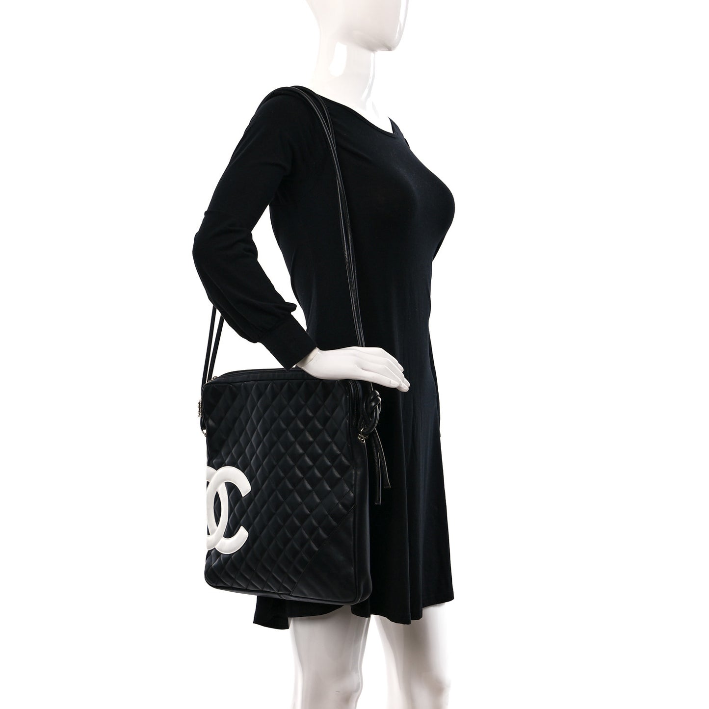 Calfskin Quilted Large Cambon Messenger Black White