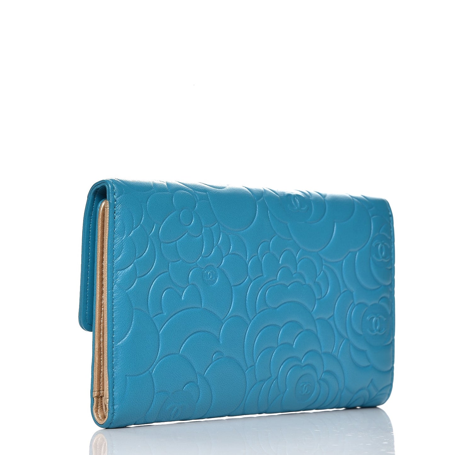 Lambskin Embossed Camellia Large Flap Wallet Turquoise