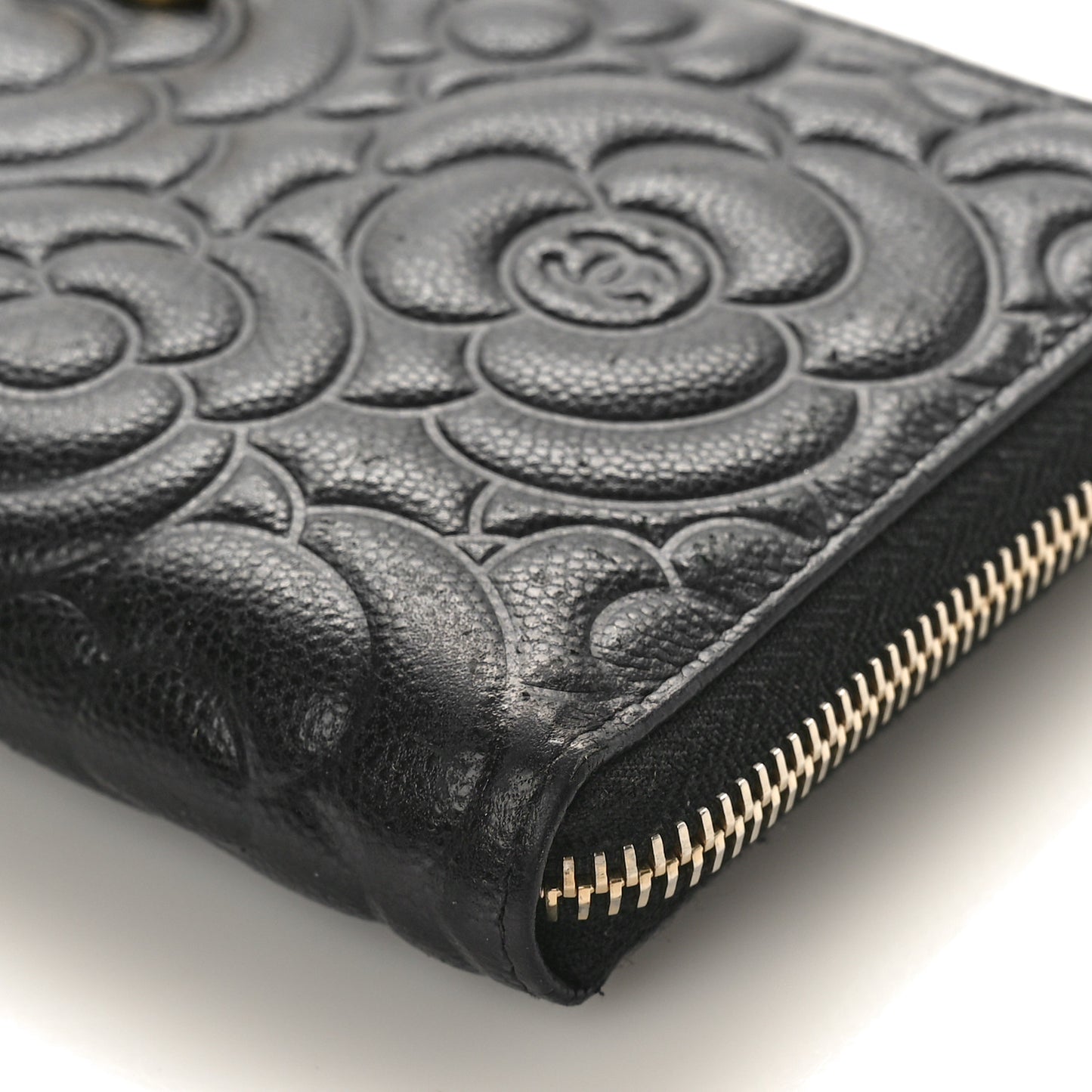 Caviar Camellia Embossed Large Zip Around Gusset Wallet Black