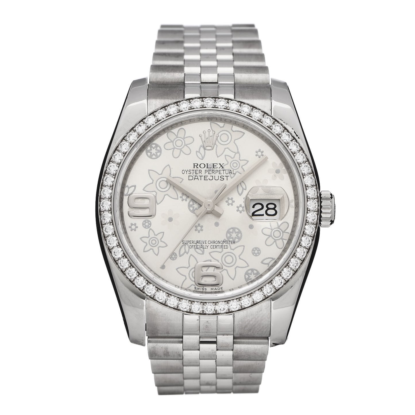 Stainless Steel 18K White Gold Diamond 36mm Oyster Perpetual Datejust Watch Silver Flowers 118244