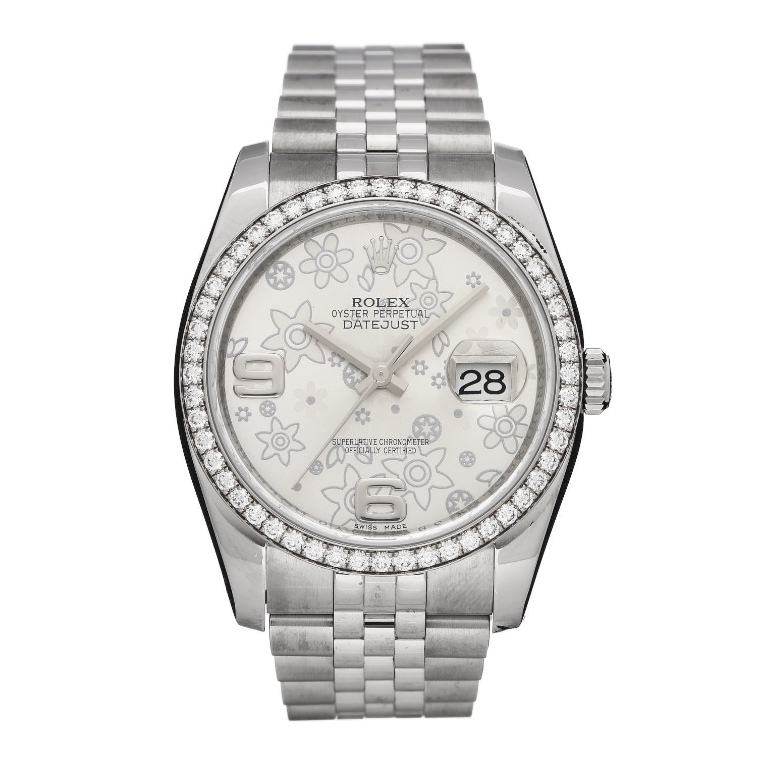 Rolex Stainless Steel 18K White Gold Diamond 36mm Oyster Perpetual Datejust Watch Silver Flowers 118244 1 of 9