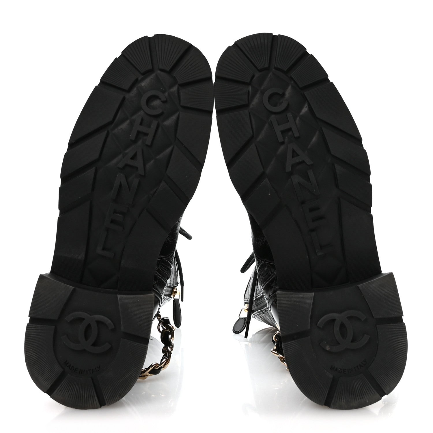 Chanel Shiny Calfskin Patent Quilted Chain Lace Up Combat Long Boots 38.5 Black 6 of 8