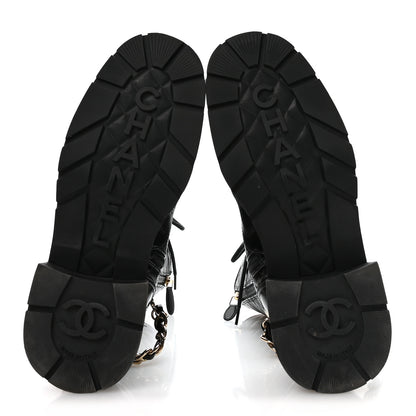 Chanel Shiny Calfskin Patent Quilted Chain Lace Up Combat Long Boots 38.5 Black 6 of 8