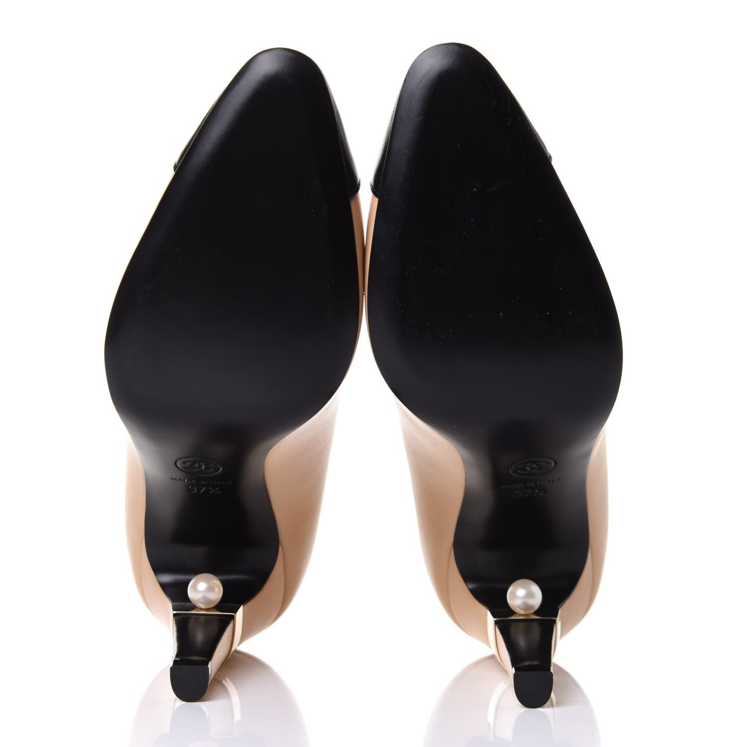 Chanel Lambskin Cap Toe Pearl Pumps 37.5 Beige Black 6 of 10