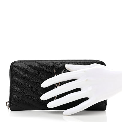 Saint Laurent Grain De Poudre Matelasse Chevron Monogram Zip Around Wallet Black 2 of 7