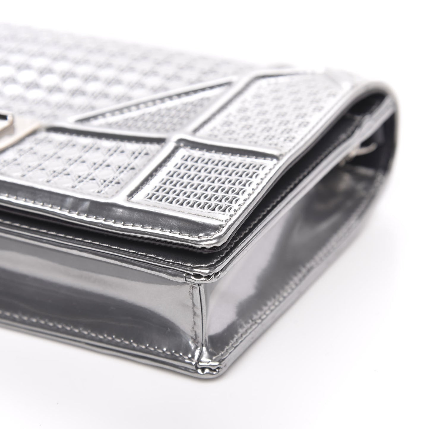Metallic Patent Micro-Cannage Diorama Wallet on Chain Pouch Silver