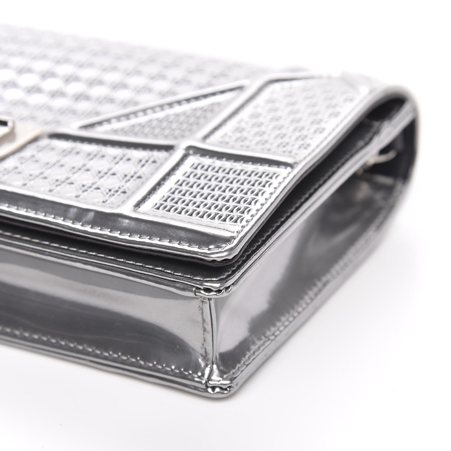 Christian Dior Metallic Patent Micro-Cannage Diorama Wallet on Chain Pouch Silver 8 of 9