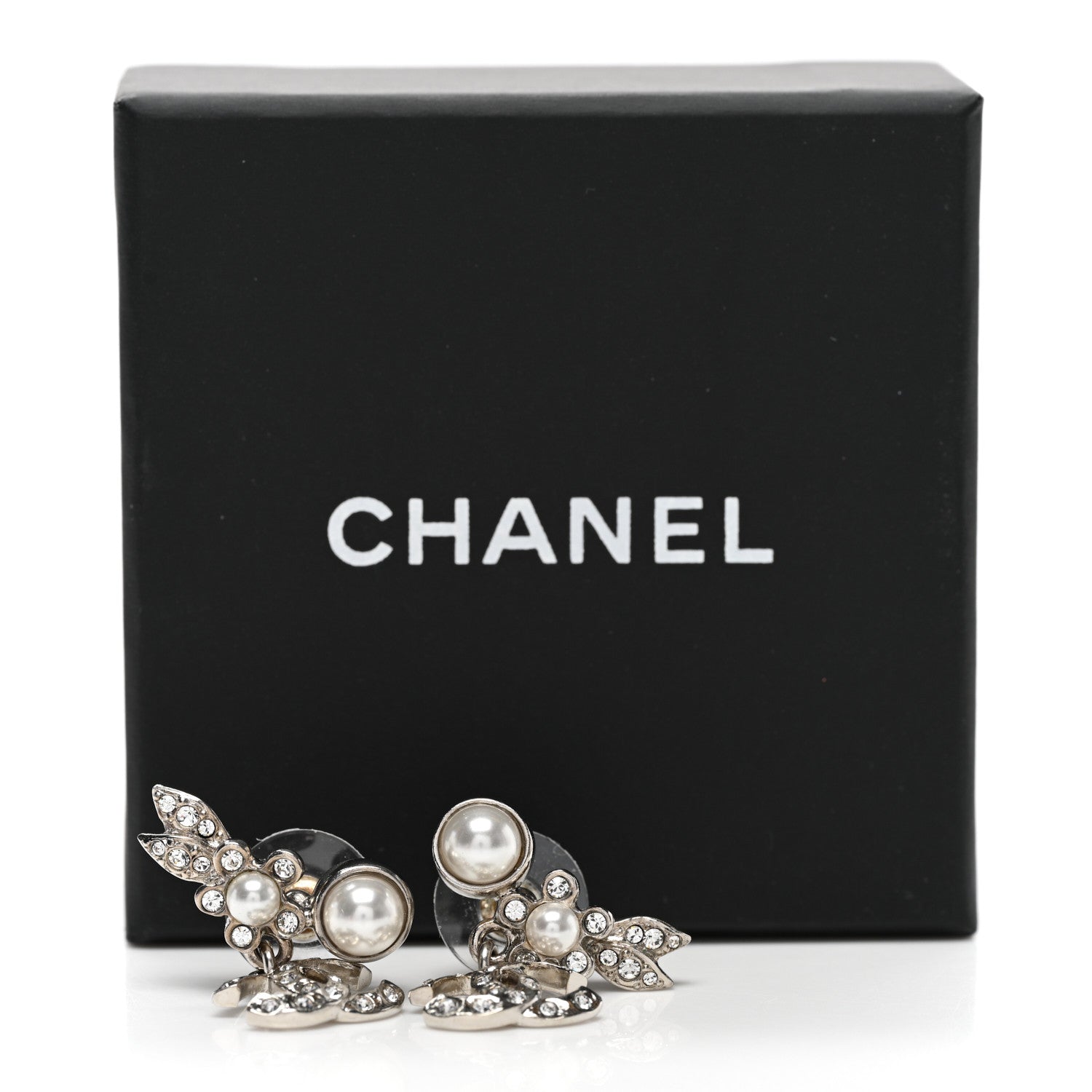 Chanel Crystal Pearl CC Leaf Earrings Silver 5 of 5
