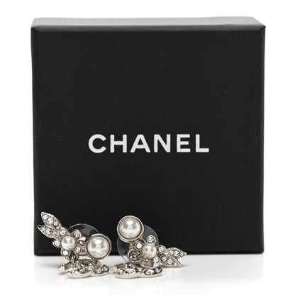 Chanel Crystal Pearl CC Leaf Earrings Silver 5 of 5
