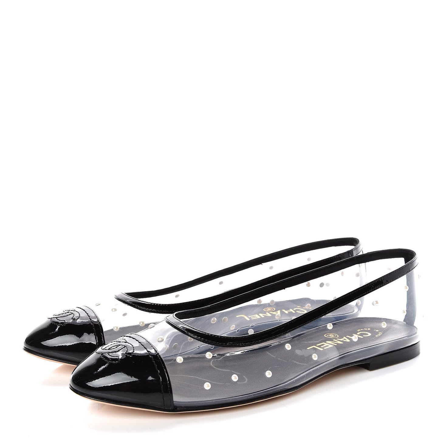 PVC Patent Calfskin Pearl Cap Toe Ballerina Flats 40 Transparent Black