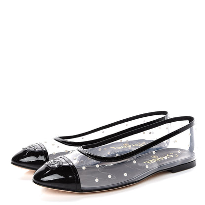 Chanel PVC Patent Calfskin Pearl Cap Toe Ballerina Flats 40 Transparent Black 3 of 7