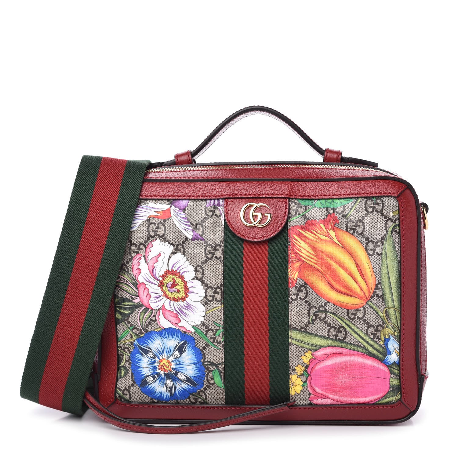 Gucci GG Supreme Monogram Flora Web Small Ophidia Top Handle Shoulder Bag Hibiscus Red 1 of 11