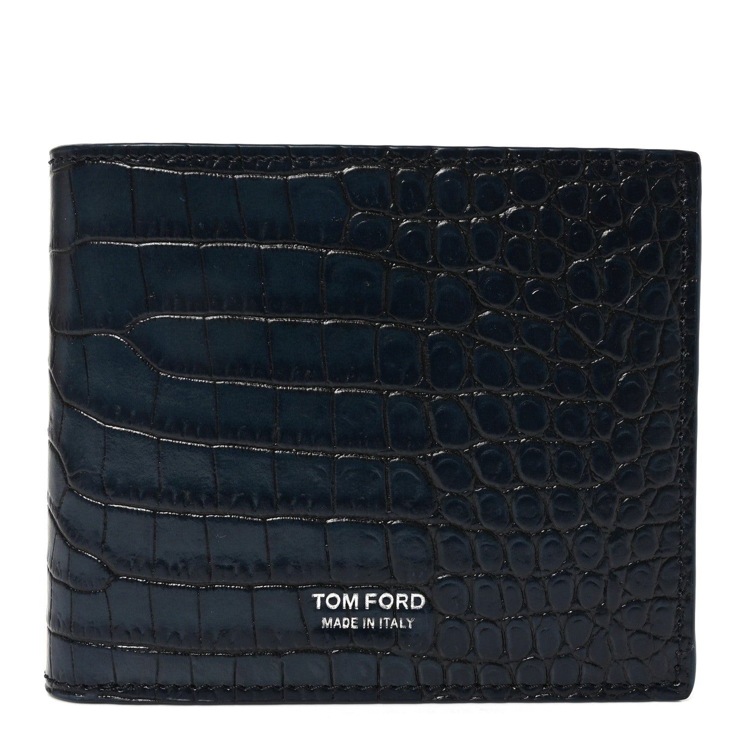 Tom Ford Glossy Calfskin Crocodile Embossed T Line Classic Bi-Fold Wallet Ink 1 of 7