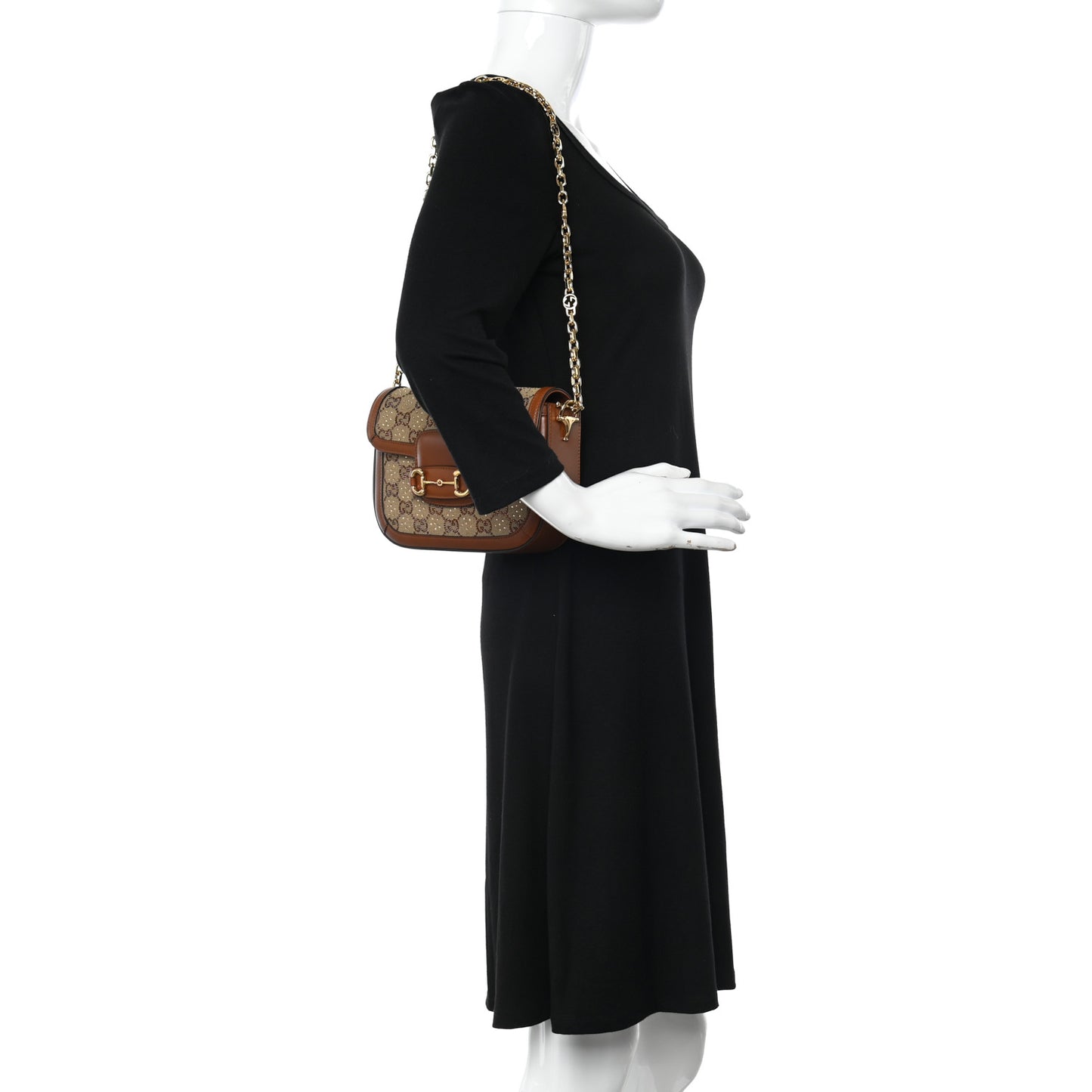 New Canvas Charisma Calfskin Crystal GG Monogram Mini Horsebit 1955 Shoulder Bag Camel Ebony
