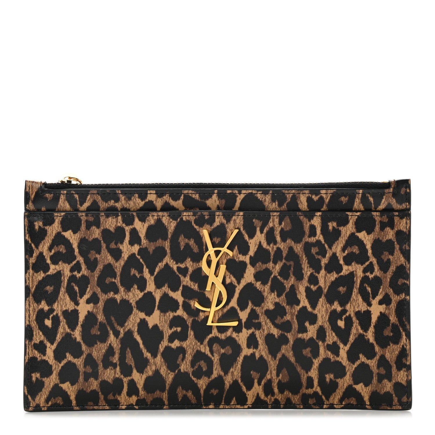 Saint Laurent Calfskin Monogram Printed Leopard Zip Bill Pouch Dark Gold Black 1 of 8