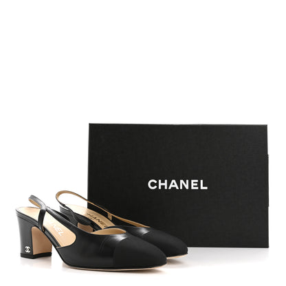 Chanel Goatskin Grosgrain Cap Toe CC Slingback Pumps 38.5 Black 10 of 10