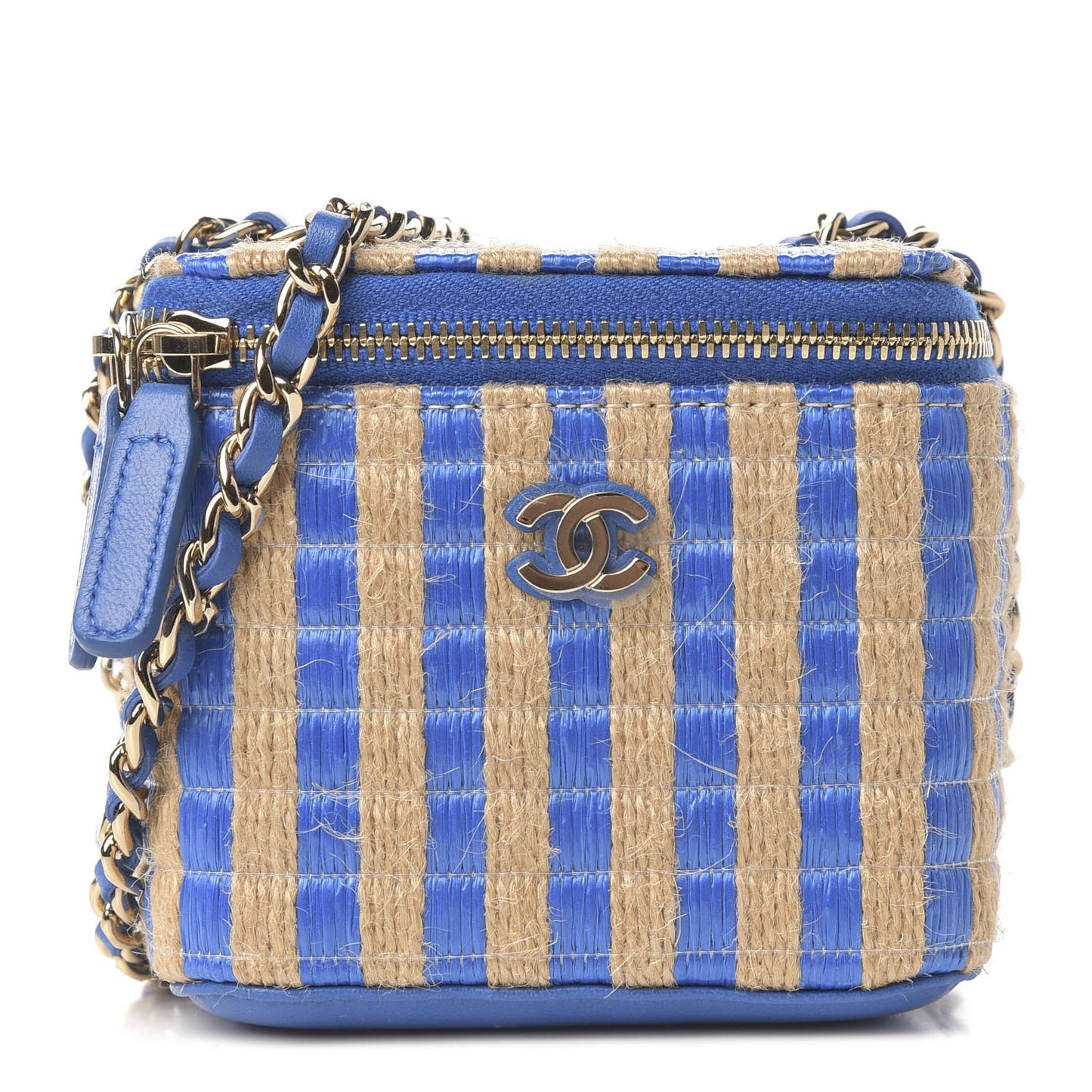 Raffia Jute Striped Mini Vanity Case With Chain Blue Beige