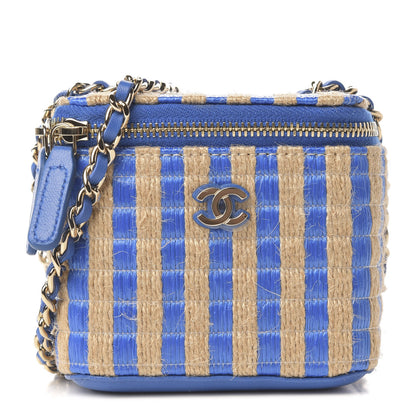 Chanel Raffia Jute Striped Mini Vanity Case With Chain Blue Beige 1 of 8