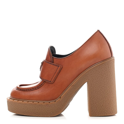 Prada Calfskin Metal Triangle Logo Flow Heeled Loafers 36 Caramel 1 of 18