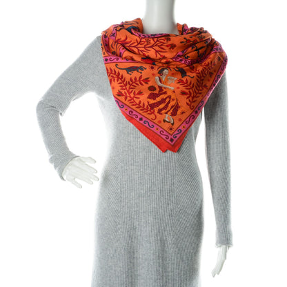 Hermes Cashmere Silk Peuple Du Vent Shawl 140 Rose Indien Orange Cobalt 2 of 6