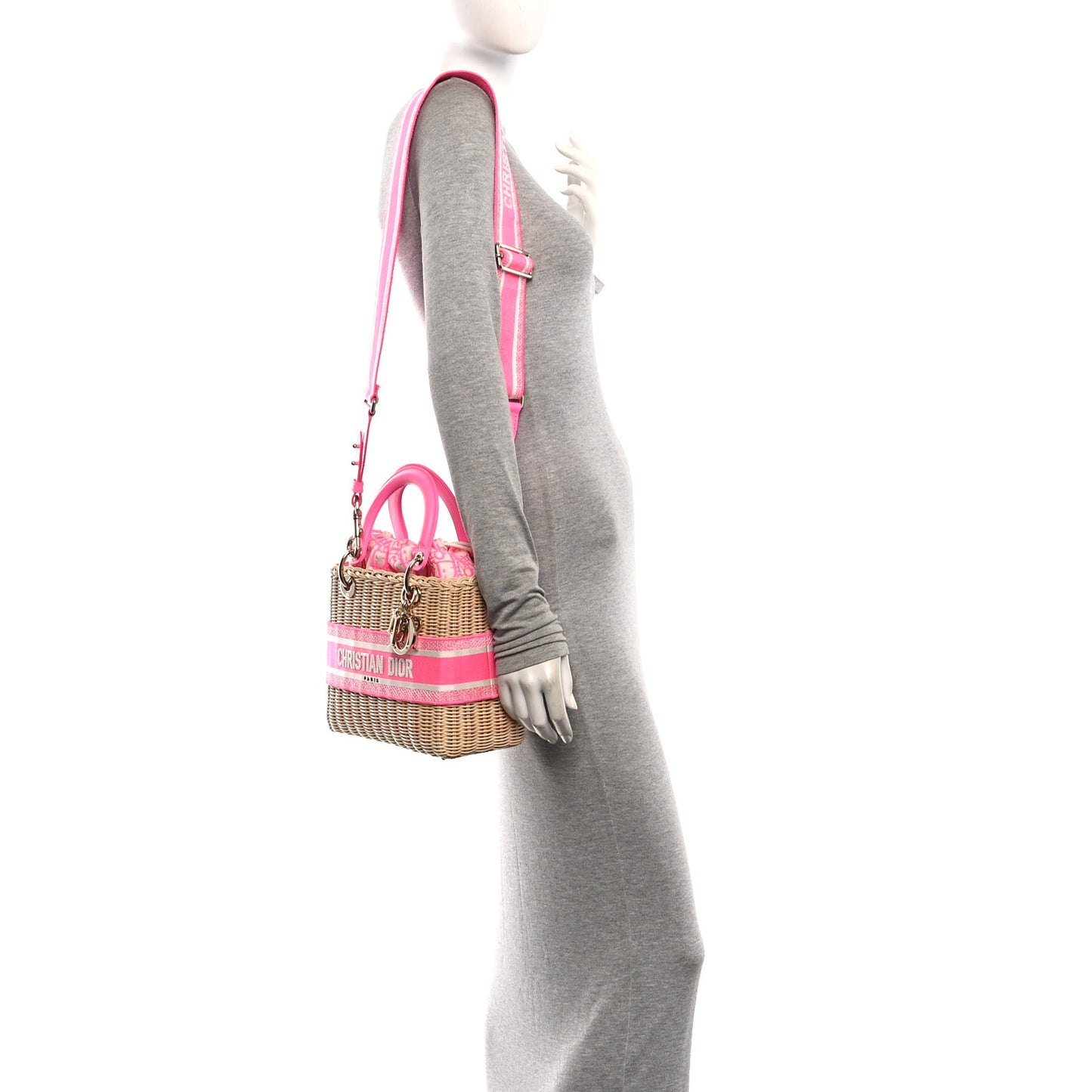 Wicker Oblique Medium Lady Dior Bag Fluorescent Pink
