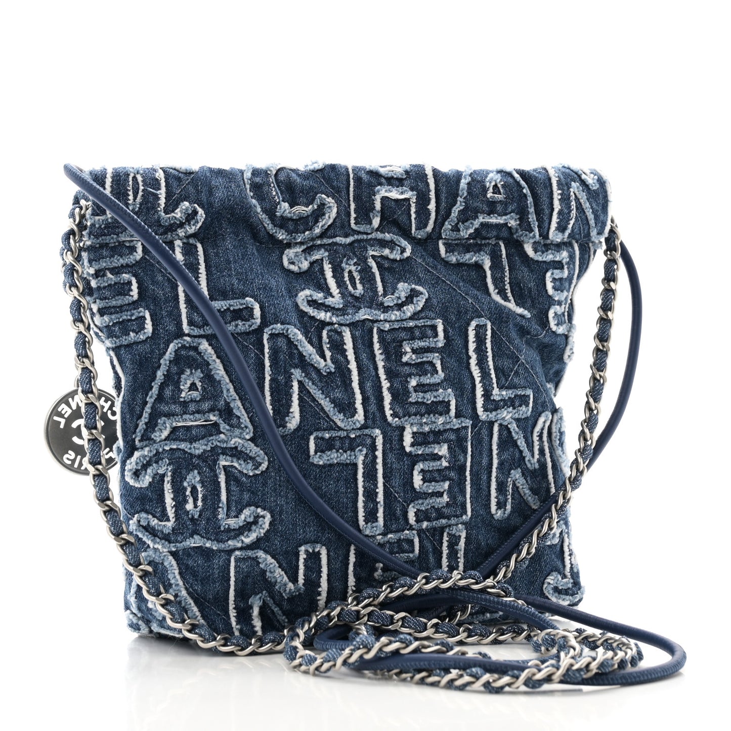 Washed Denim Logo Embroidered Mini Chanel 22 Blue