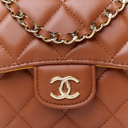 Chanel Lambskin Quilted Top Handle Flap Clutch With Chain Brown Yellow 8 of 10