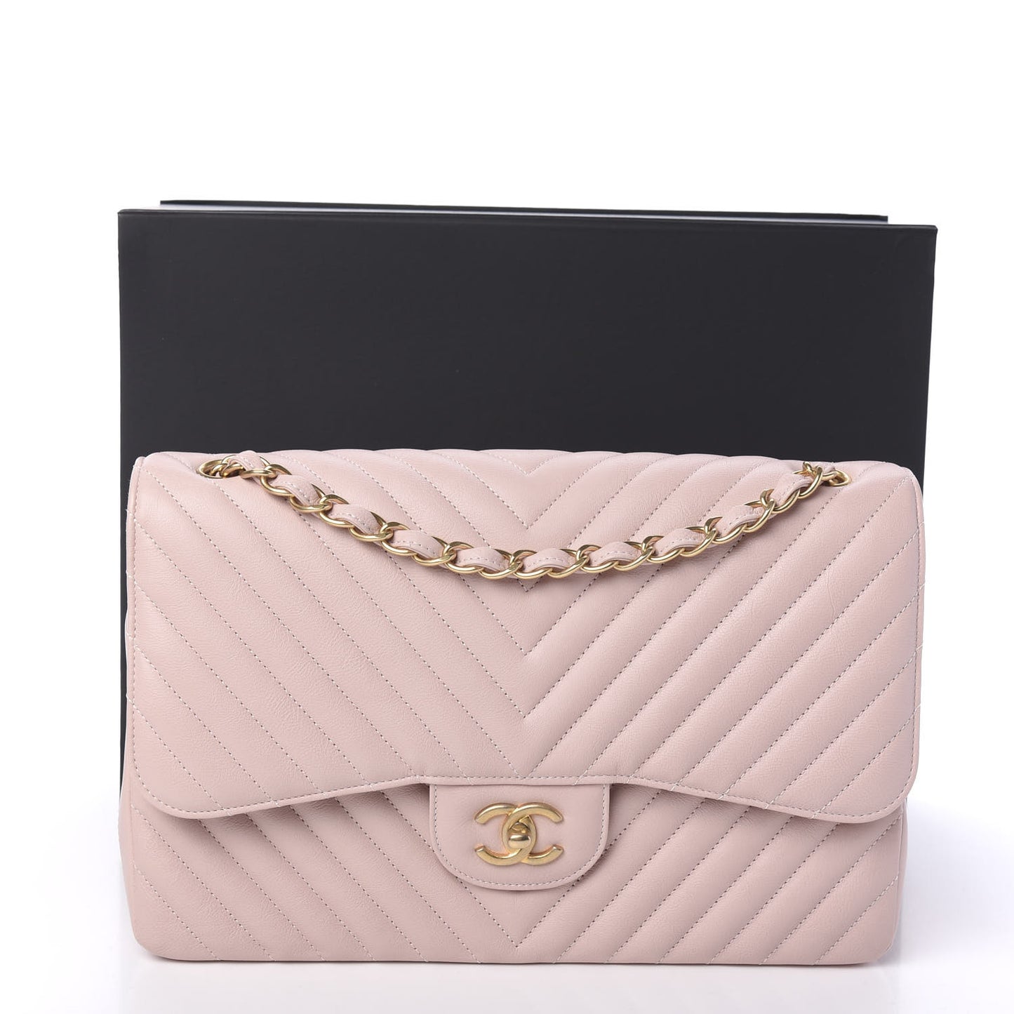 Calfskin Chevron Quilted Jumbo Double Flap Light Pink