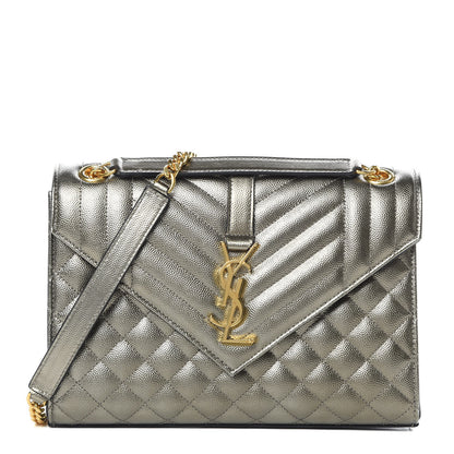 Saint Laurent Metallic Grain De Poudre Textured Mixed Matelasse Triquilt Medium Monogram Satchel Piombo 1 of 10