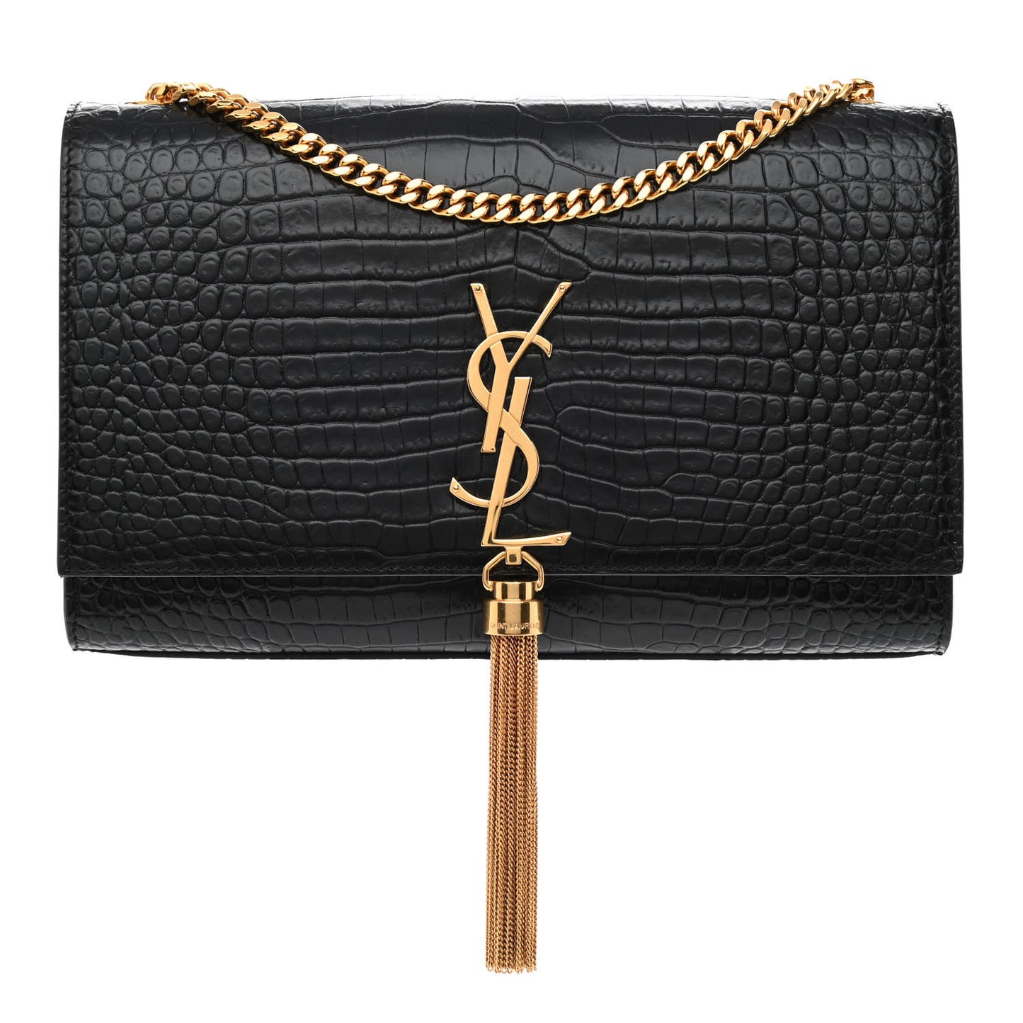 Calfskin Crocodile Embossed Medium Classic Monogram Kate Tassel Satchel Black