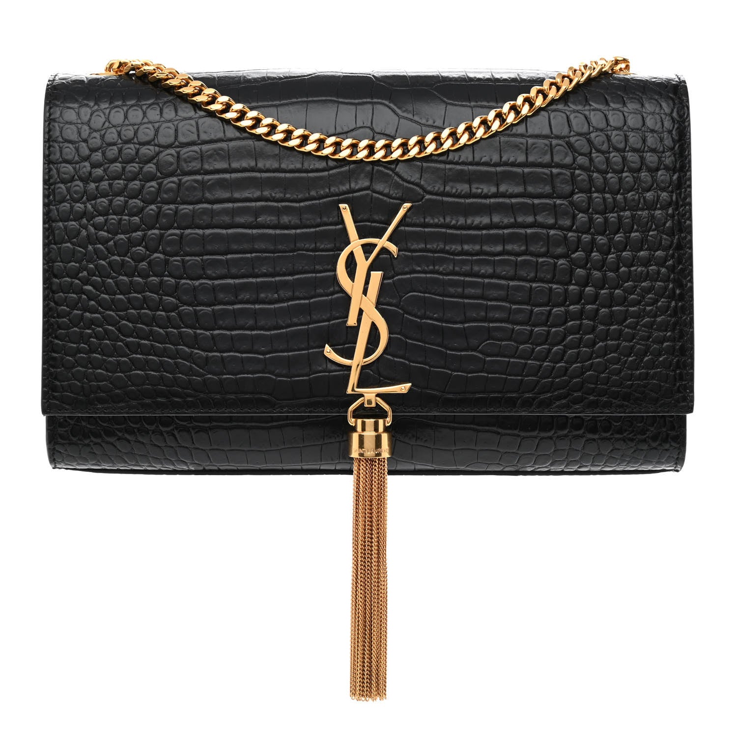 Saint Laurent Calfskin Crocodile Embossed Medium Classic Monogram Kate Tassel Satchel Black 1 of 8