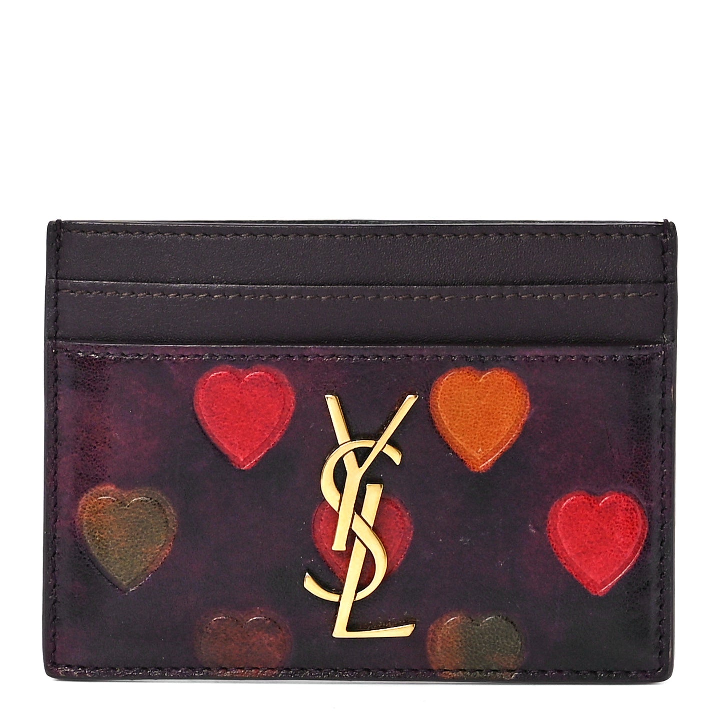 Lambskin Heart Embossed Monogram Card Case Vintage Cognac