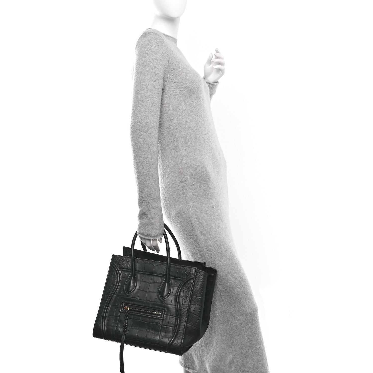 Celine Crocodile Embossed Calfskin Medium Phantom Luggage Black 2 of 9