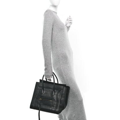 Celine Crocodile Embossed Calfskin Medium Phantom Luggage Black 2 of 9